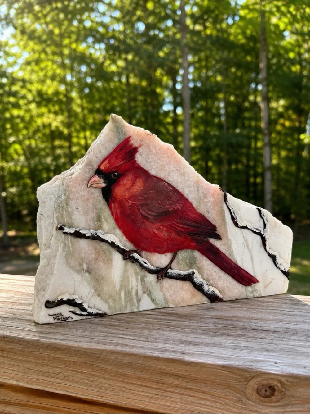 Red Cardinal | Hand Painted on Marble